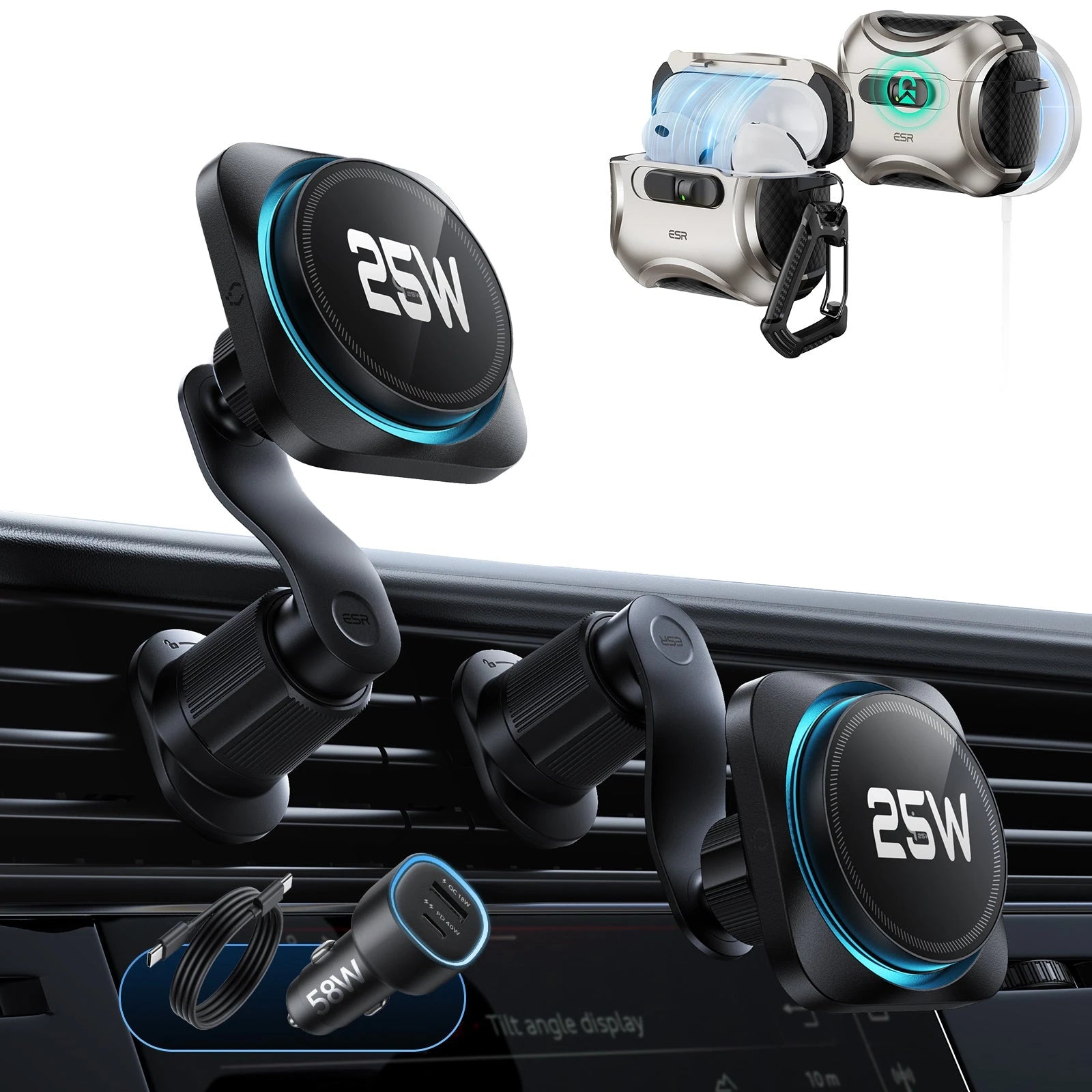 25W CryoBoost Magnetic Car Charger and AirPods Pro 3 FlickLock Case Bundle - Black&Titanium