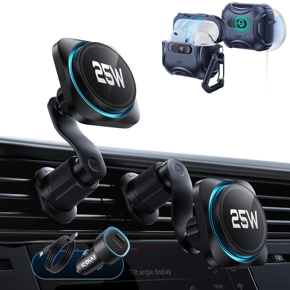 25W CryoBoost Magnetic Car Charger and AirPods Pro 3 FlickLock Case Bundle - Black&Blue