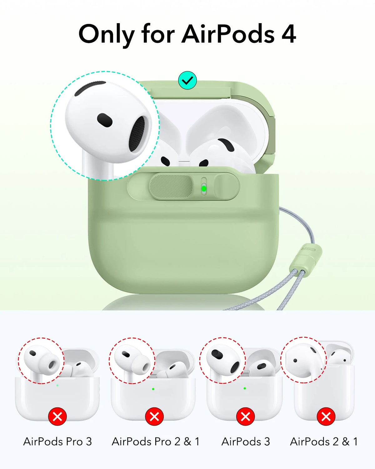 AirPods 4 charging case protected by ESR FlickLock case in light green