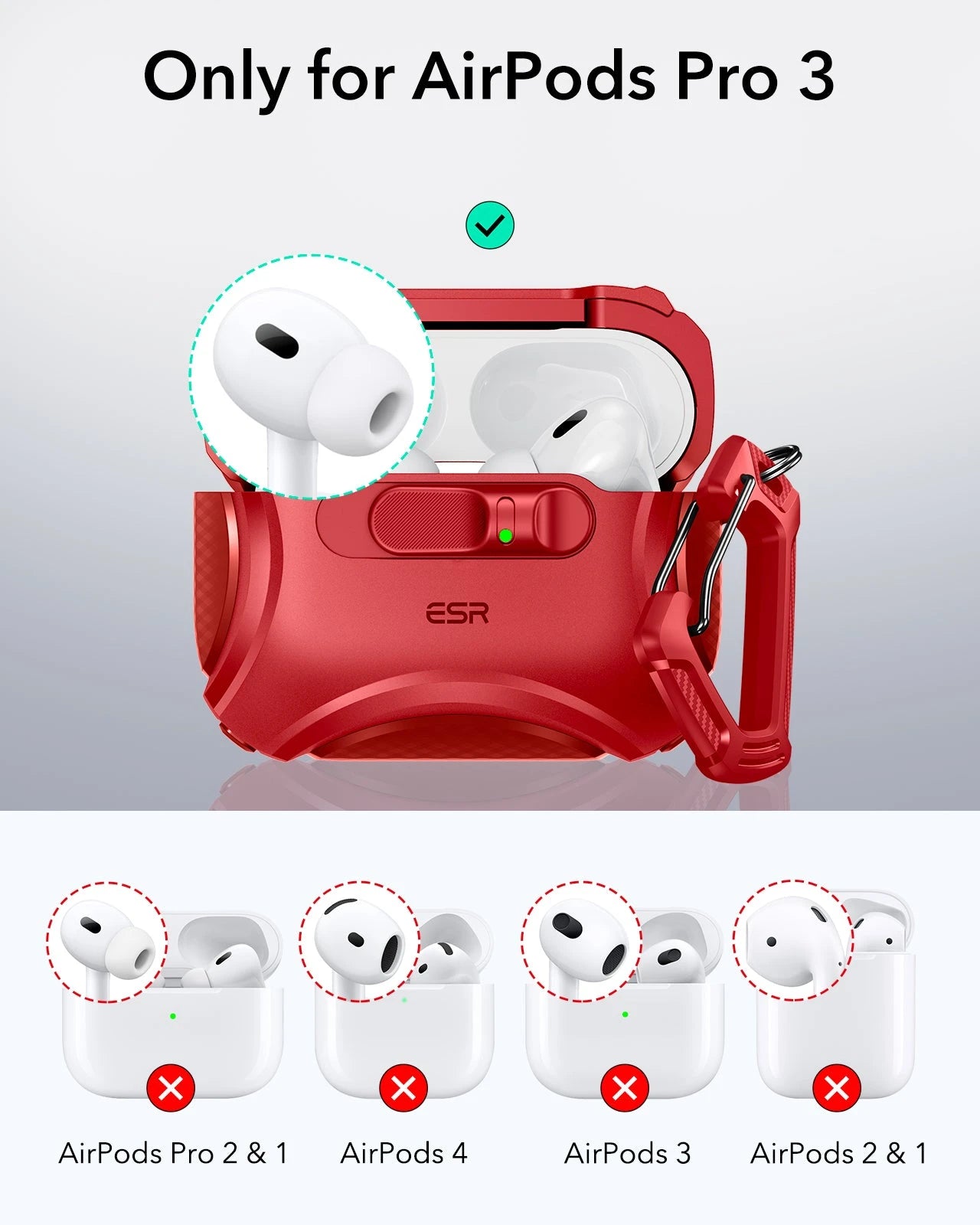 AirPods Pro 3 本体 レッドケース付き Dark Red Shockproof MagSafe AirPods Pro 3 Case for Gym | ESR FlickLock