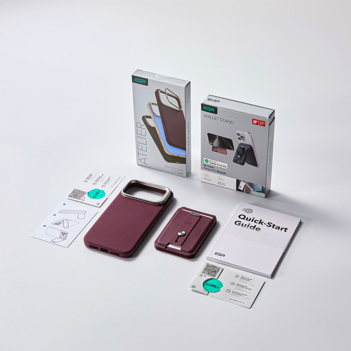 Atelier Silicone Leather Magnetic Case with Camera Control and Flex Stand, Plus Geo Wallet Stand Bundle - Deep Burgundy