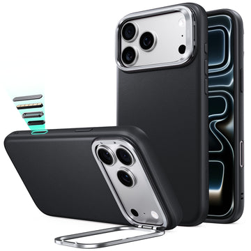 Black Leather iPhone 17 Pro Max Magsafe Case with Stand