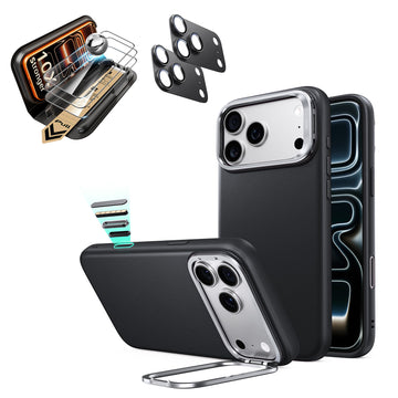 Black iPhone 18 Pro Max Magsafe Phone Case with Stand pair tempered glass screen protector and camera lens protector
