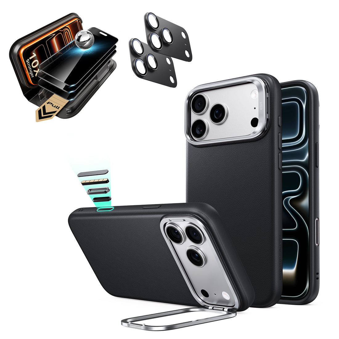 Black Vegan Leather iPhone 18 Pro Max Magsafe Phone Case with Stand pair corning glass privacy screen protector and camera lens protector