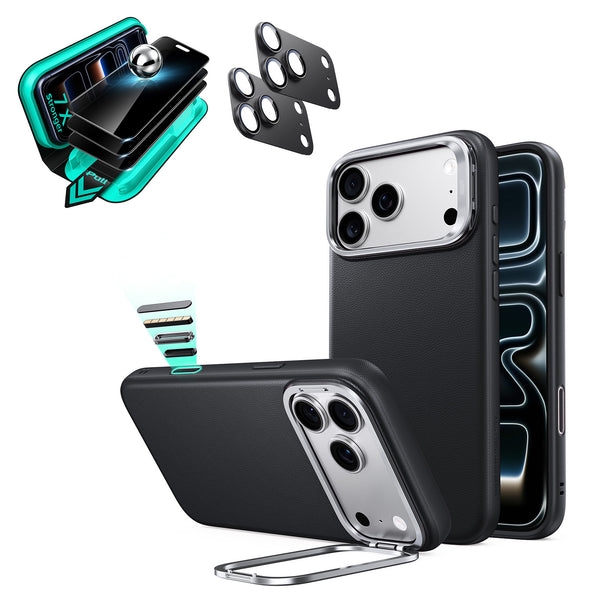 ESR Black iPhone 18 Pro Max vegan leather case with privacy screen protector bundle