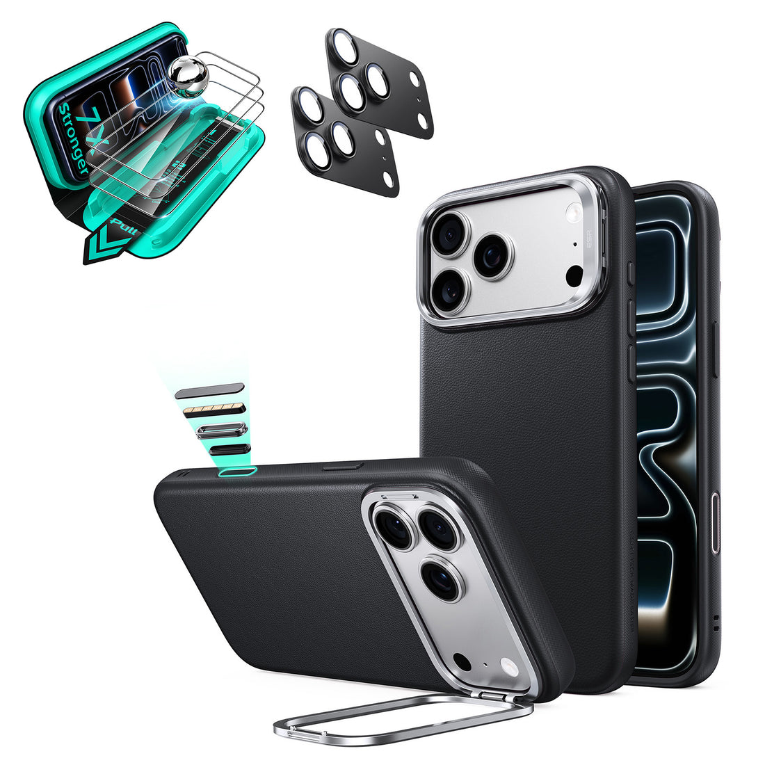 Black Vegan Leather iPhone 18 Pro Max Magsafe Phone Case with Stand pair tempered glass screen protector and camera lens protector