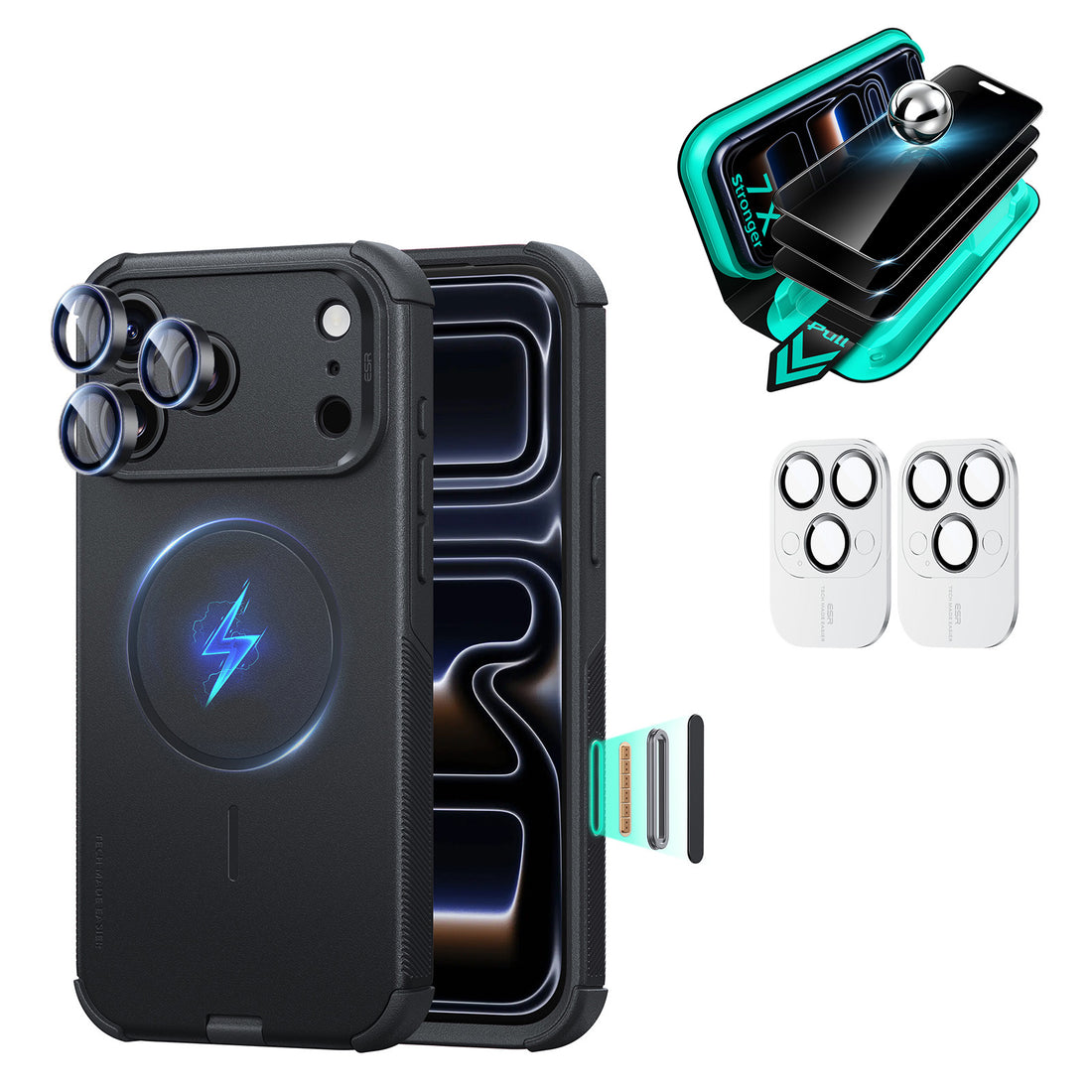 Black iPhone 18 Pro Cyber Tough Magsafe Case  with armorite tempered glass privacy screen protector and camera lens protector