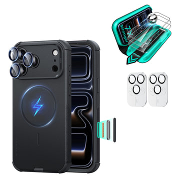 Black iPhone 18 Pro Cyber Tough Magsafe Case  with armorite tempered glass screen protector and camera lens protector