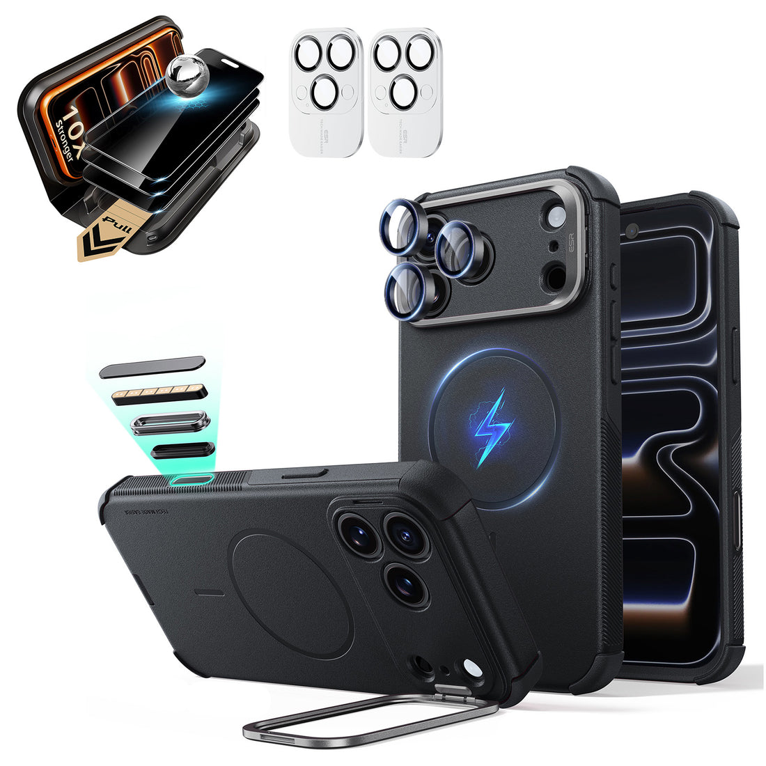 Black iPhone 18 Pro Cyebr Tough Magsafe Phone Case with Stand pair corning glass privacy screen protector and camera lens protector
