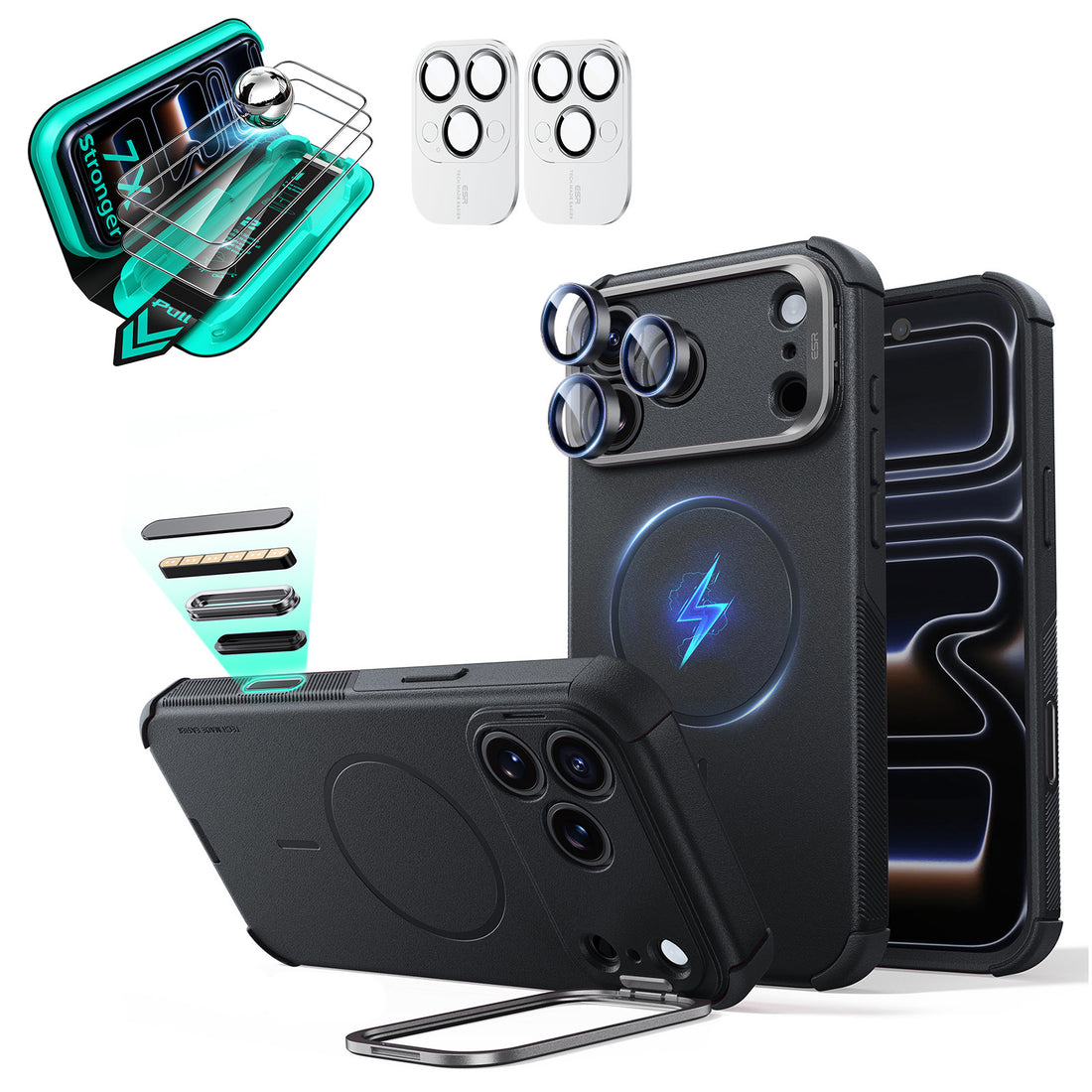 Black iPhone 18 Pro Max Cyebr Tough Magsafe Phone Case with Stand pair tempered glass screen protector and camera lens protector