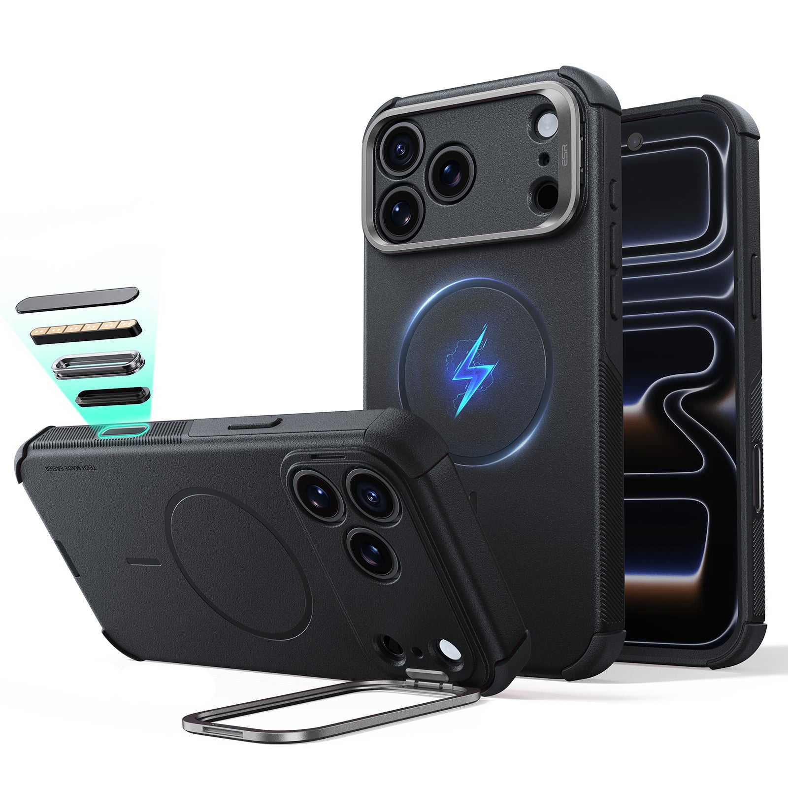 Black iPhone 18 Pro Tough Phone Case Magsafe with Stand