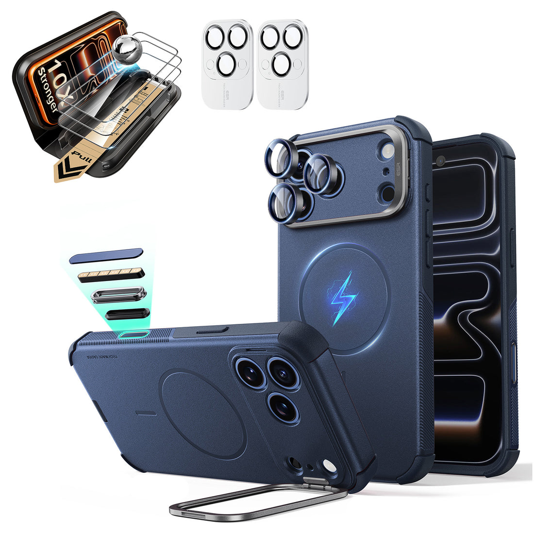 Blue iPhone 18 Pro Cyebr Tough Magsafe Phone Case with Stand pair corning glass  screen protector and camera lens protector