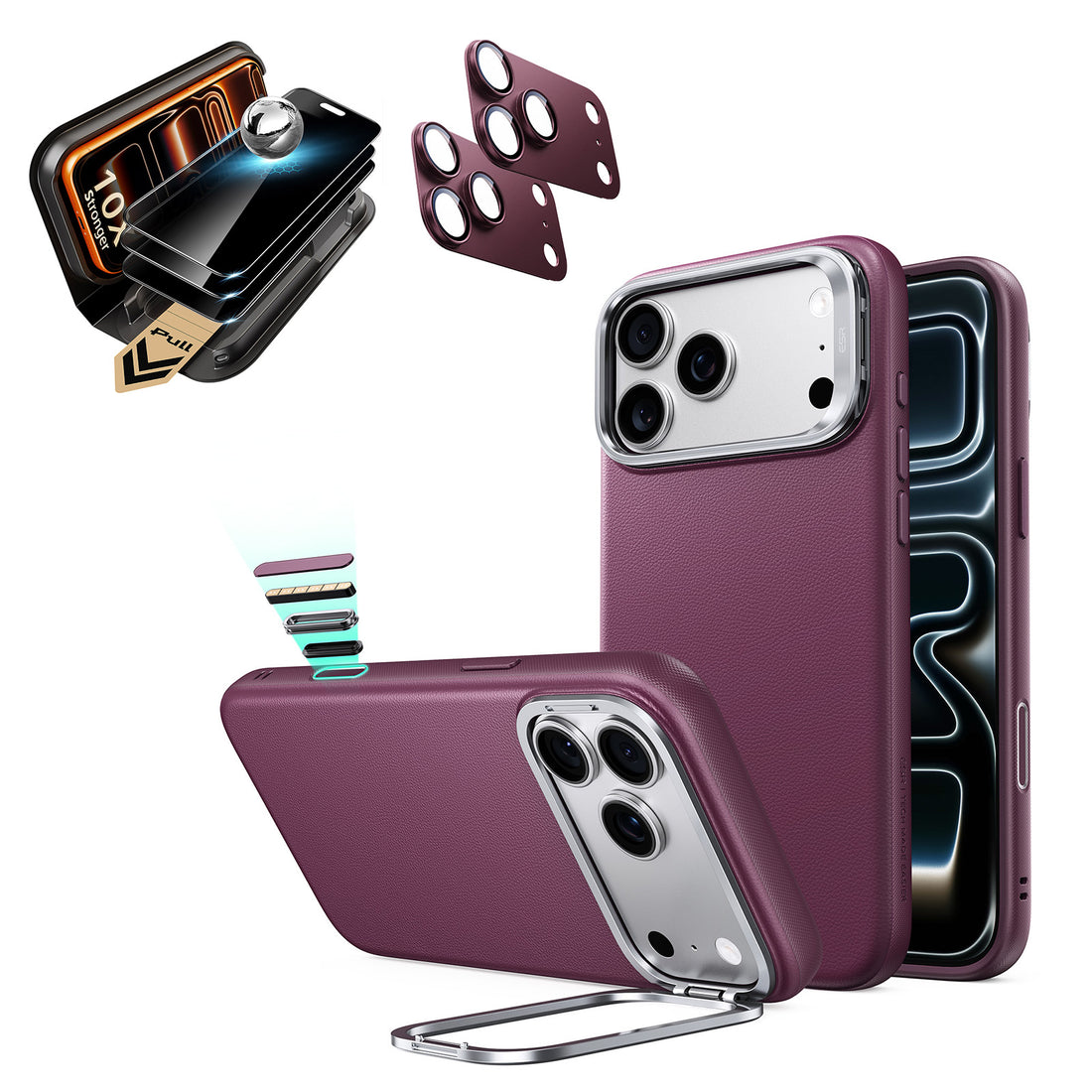 Deep Burgundy Vegan Leather iPhone 18 Pro Magsafe Phone Case with Stand pair corning glass privacy screen protector and camera lens protector