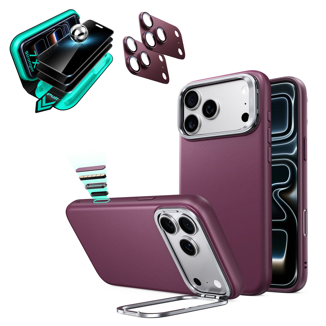 Burgundy Vegan Leather iPhone 18 Pro Magsafe Phone Case with Stand pair tempered glass privacy screen protector and camera lens protector