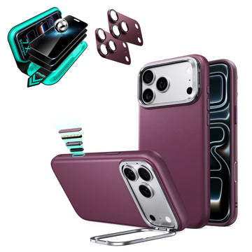 Burgundy Vegan Leather iPhone 18 Pro Magsafe Phone Case with Stand pair tempered glass privacy screen protector and camera lens protector