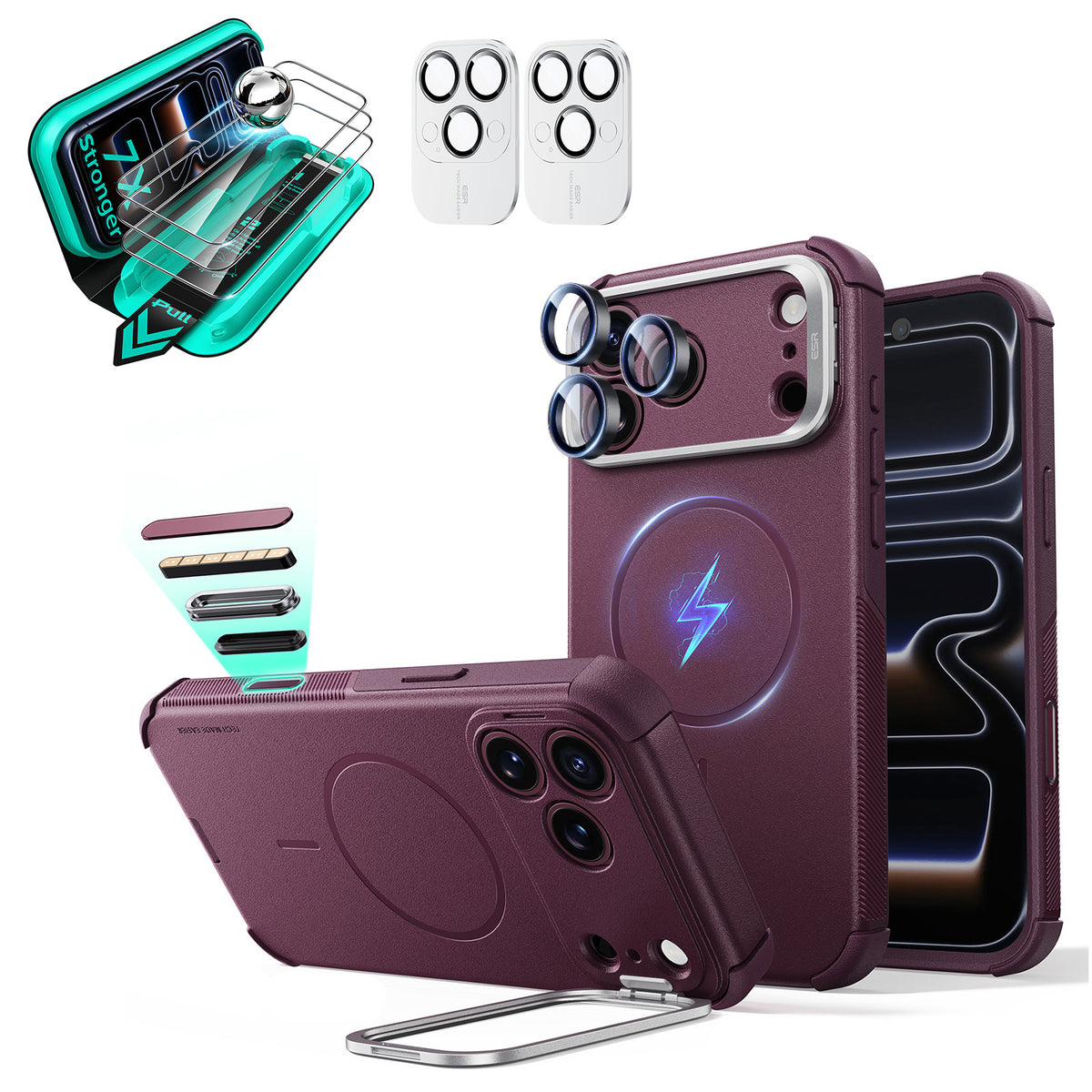 Burgundy iPhone 18 Pro Max Cyebr Tough Magsafe Phone Case with Stand pair tempered glass screen protector and camera lens protector