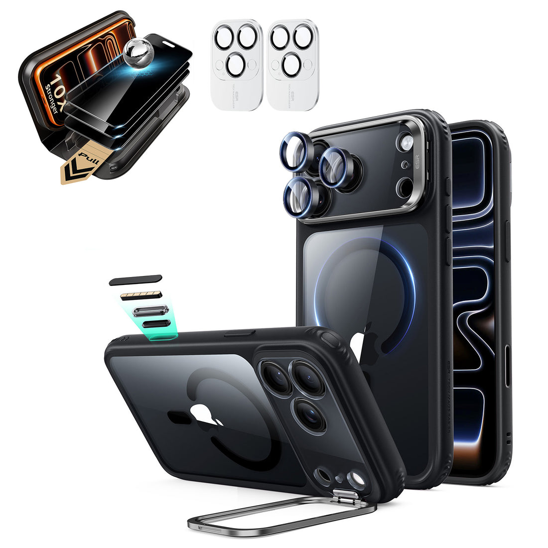 Clear Black iPhone 18 Pro Magsafe Slim Phone Case with Stand pair corning privacy glass privacy screen protector and camera lens protector
