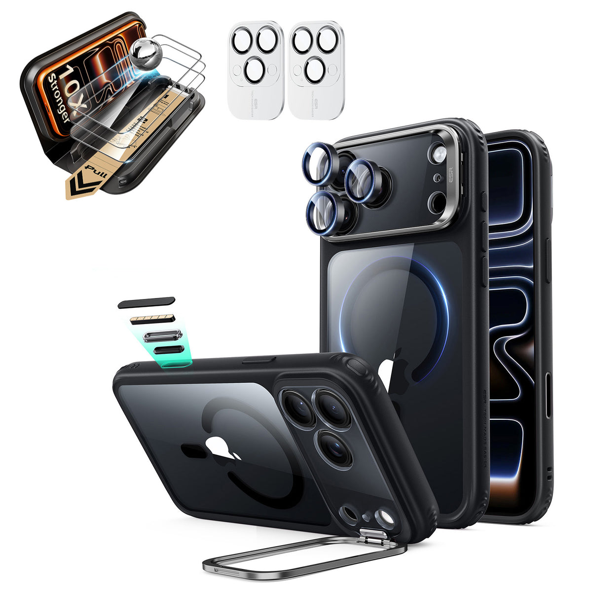 Clear Black iPhone 18 Pro Magsafe Slim Phone Case with Stand pair corning glass screen protector and camera lens protector