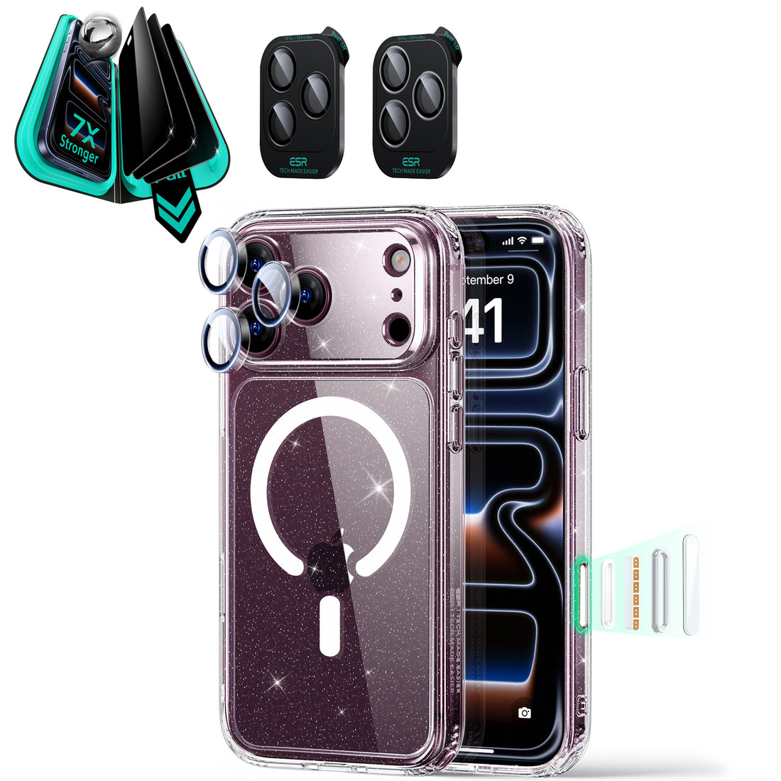 ESR Clear shimmer iPhone 18 Pro Magsafe Slim Phone Case with armorite tempered glass privacy screen protector and camera lens protector