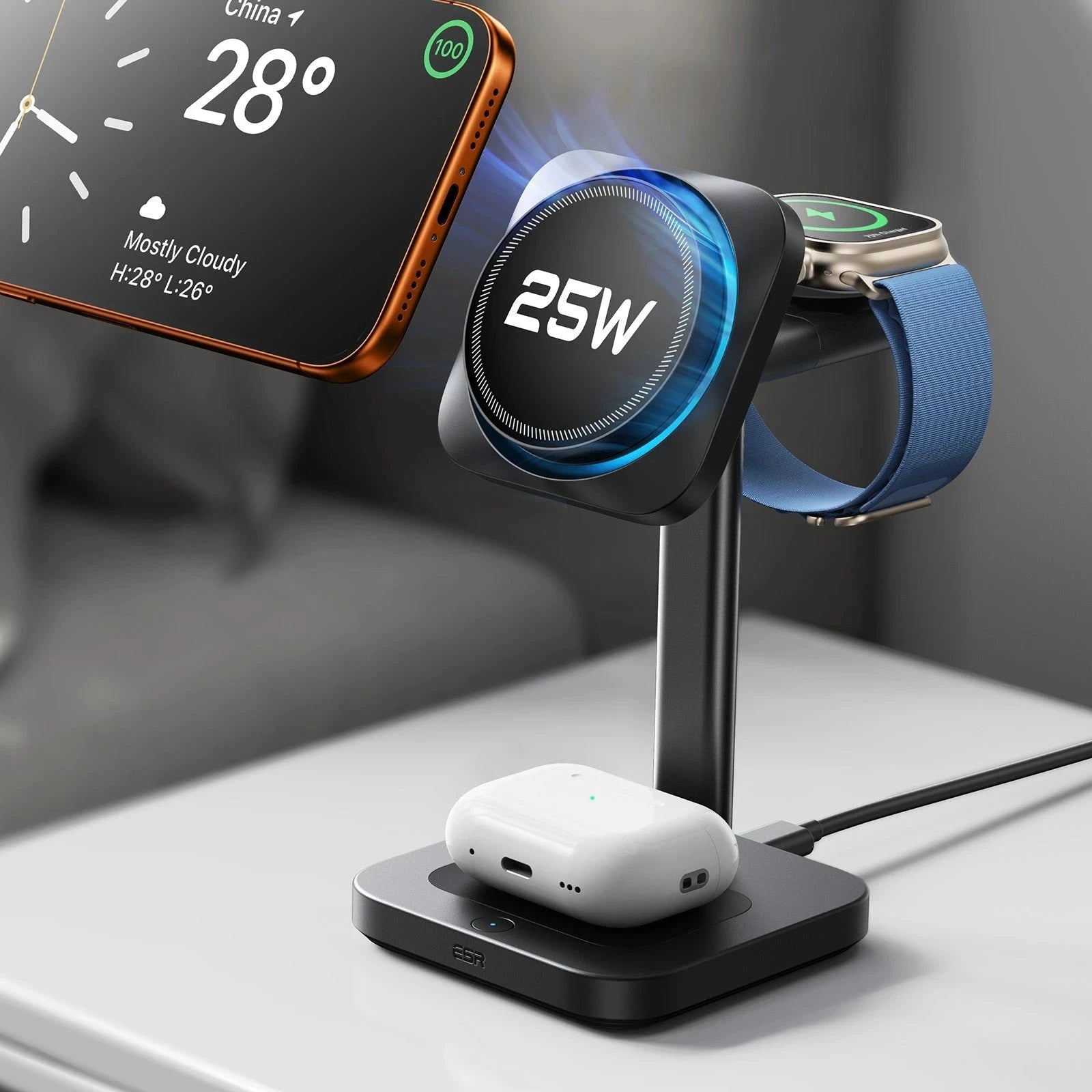 CryoBoost 3-in-1 Magnetic Charging Station (25W, Qi2.2)  - JP Plug–Black ESR ESR