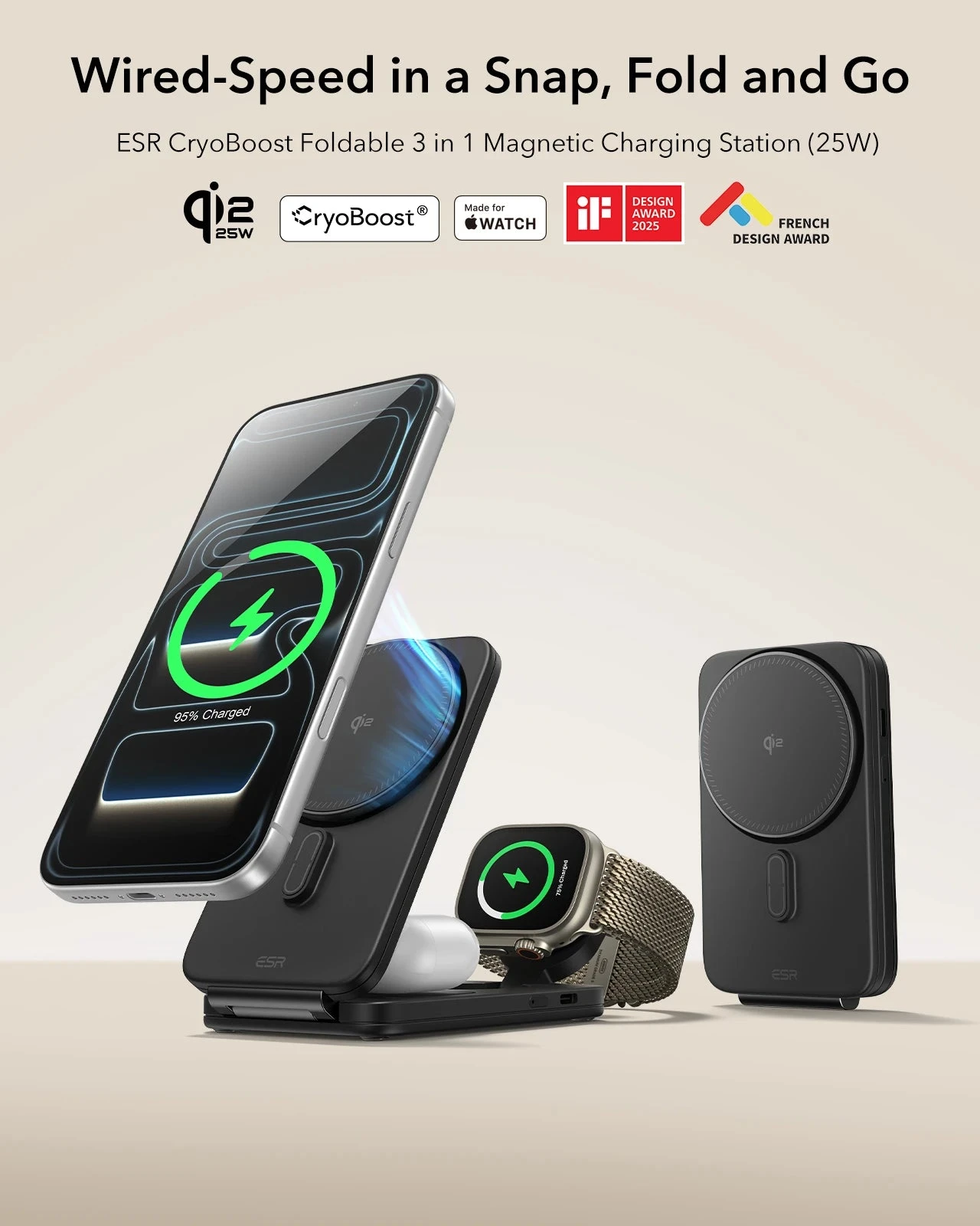 CryoBoost Foldable 3-in-1 Magnetic Charging Station  (25W) – US Plug-Black ESR ESR