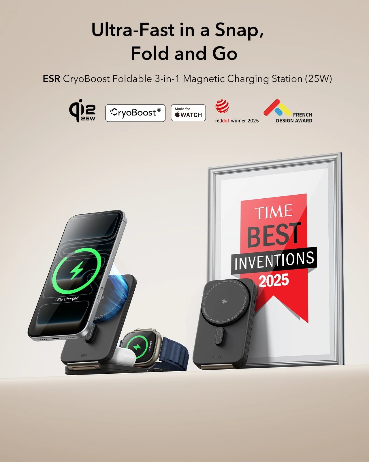 Black Foldable Qi2 25W 3-in-1 Wireless Charging Stand with