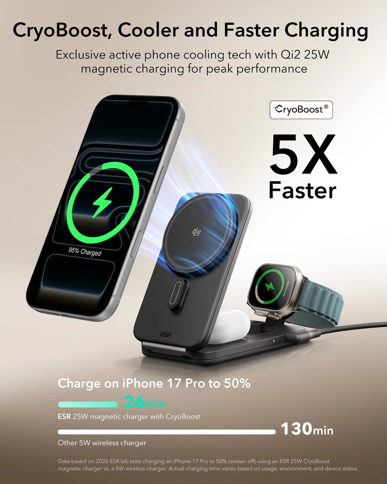 Black Foldable Qi2 25W 3-in-1 Wireless Charging Stand with