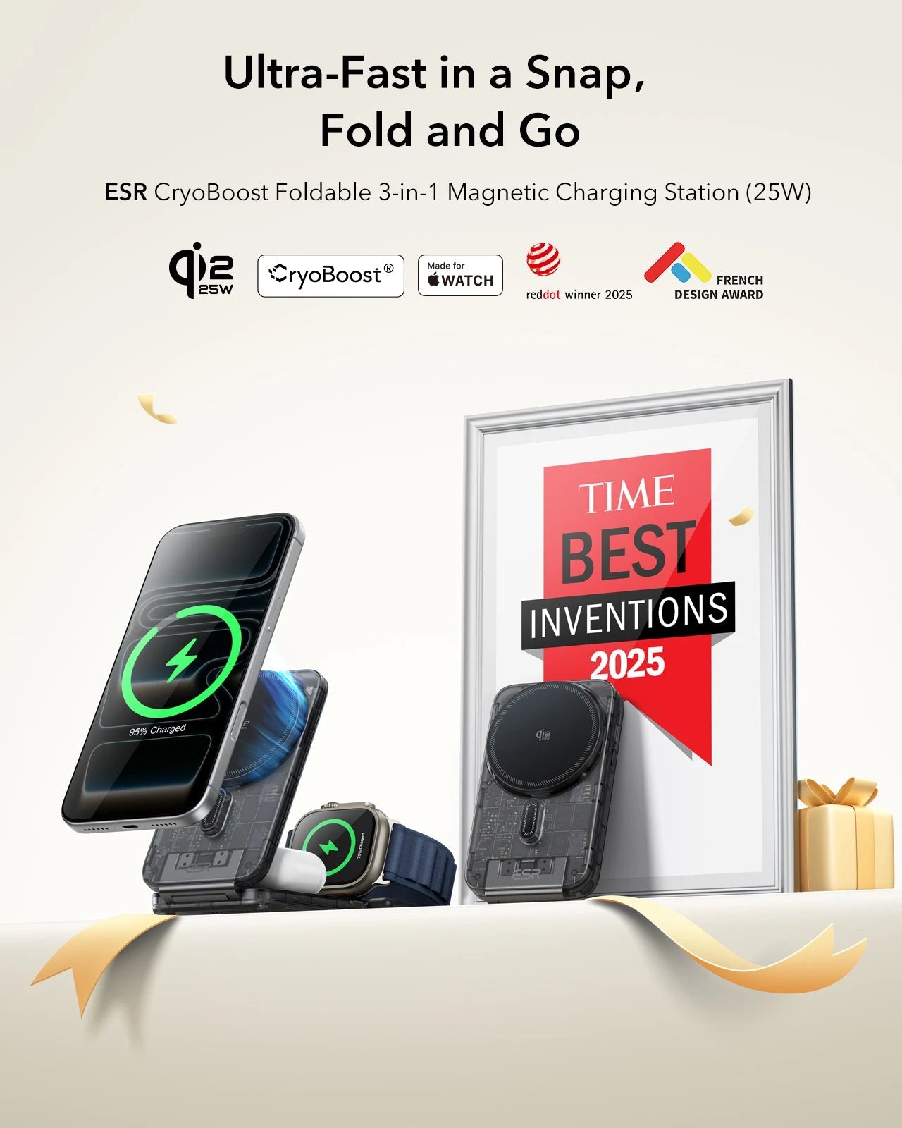 CryoBoost Foldable 3-in-1 Magnetic Charging Station  (25W) – US Plug-Frosted Black ESR ESR