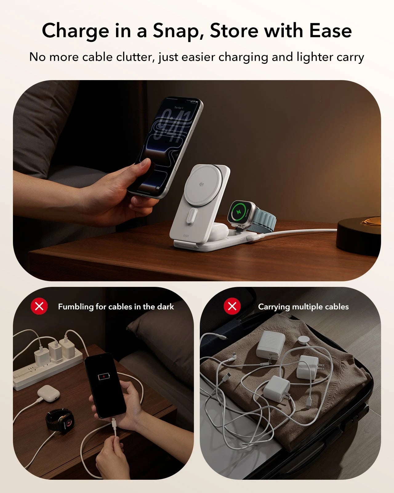 White Foldable Qi2 25W 3-in-1 Wireless Charging Stand with