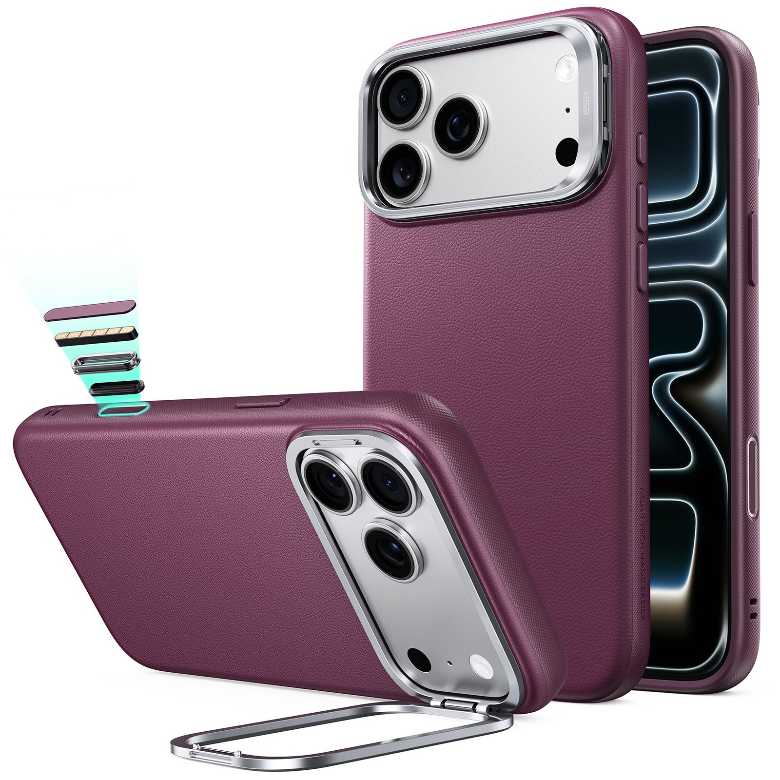 Deep Burgundy Leather iPhone 17 Pro Max Magsafe Case with Stand