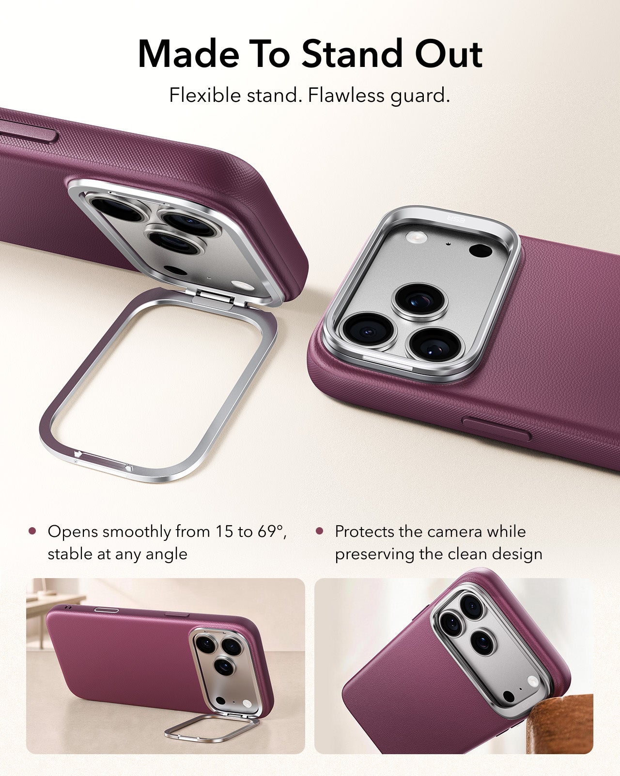 ESR Deep Burgundy Leather iPhone 17 Pro Magsafe Case with Stand Made To Stand Out