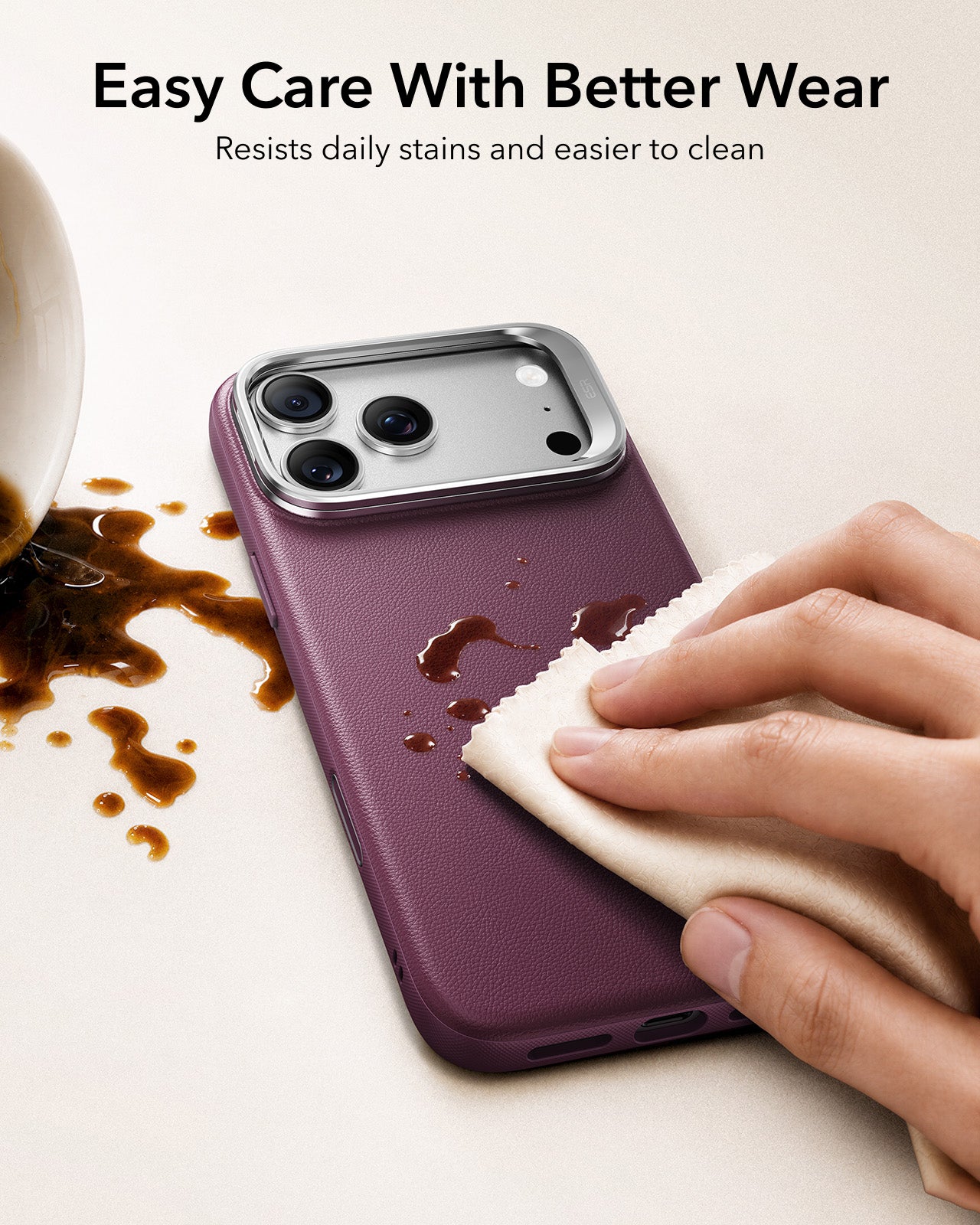 ESR Deep Burgundy Leather iPhone 17 Pro Magsafe Case with Stand Easy Care With Better Wear
