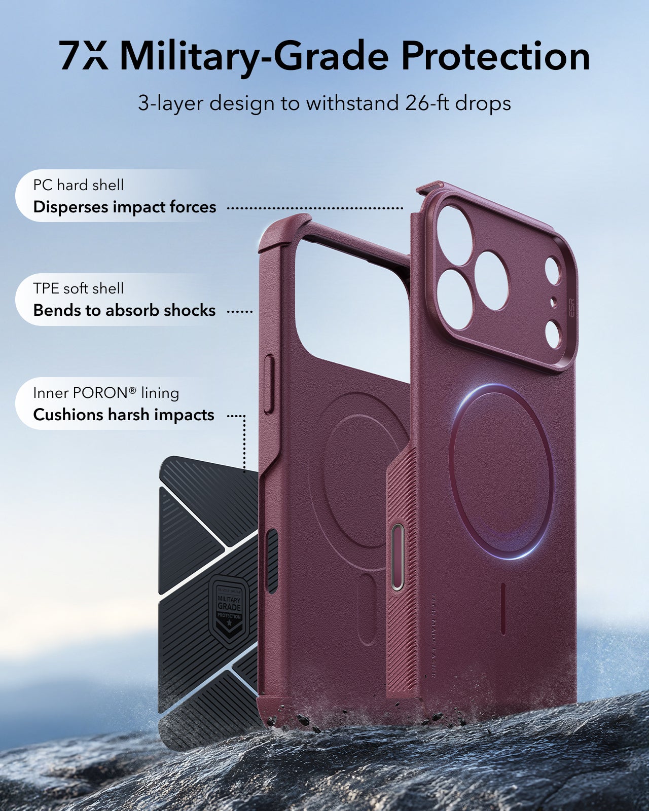 ESR Deep Burgundy iPhone 18 Pro Case Tough Phone Case with Magsafe 7X Military-Grade Protection