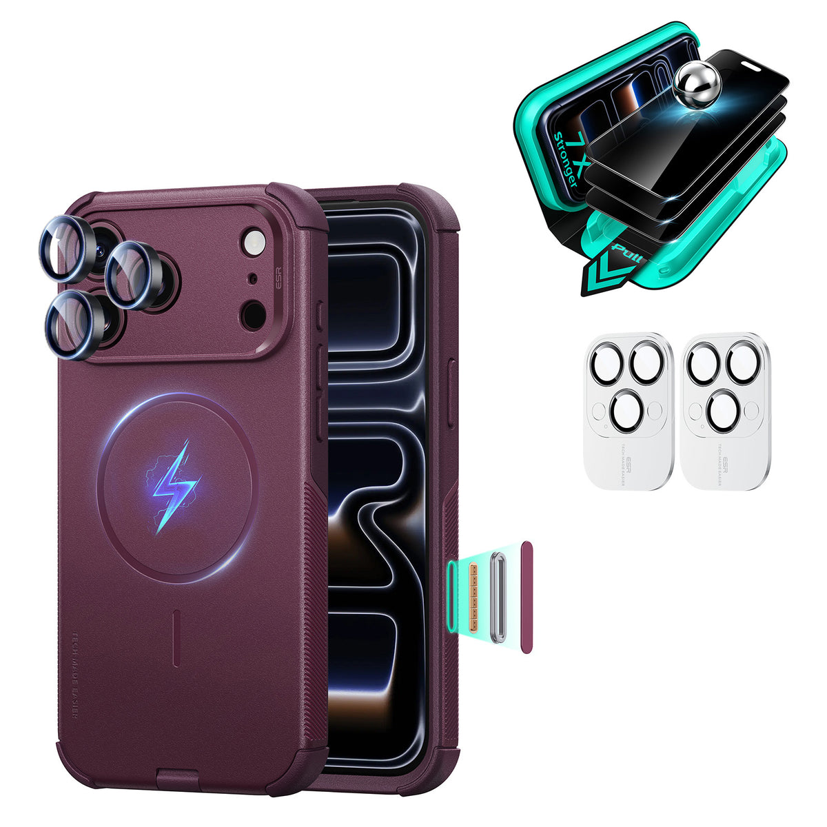 Burgundy iPhone 18 Pro Max Cyber Tough Magsafe Case  with armorite tempered glass privacy screen protector and camera lens protector