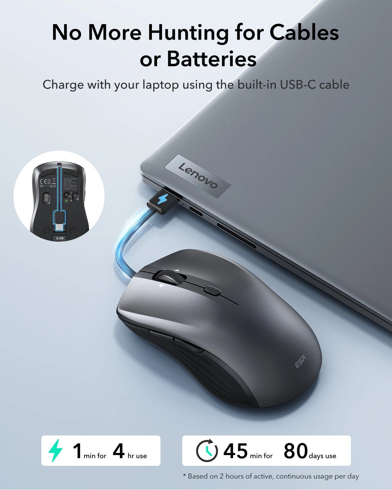 No More Hunting for Cables or Batteries-Charge with your laptop using the built-in USB-C cable