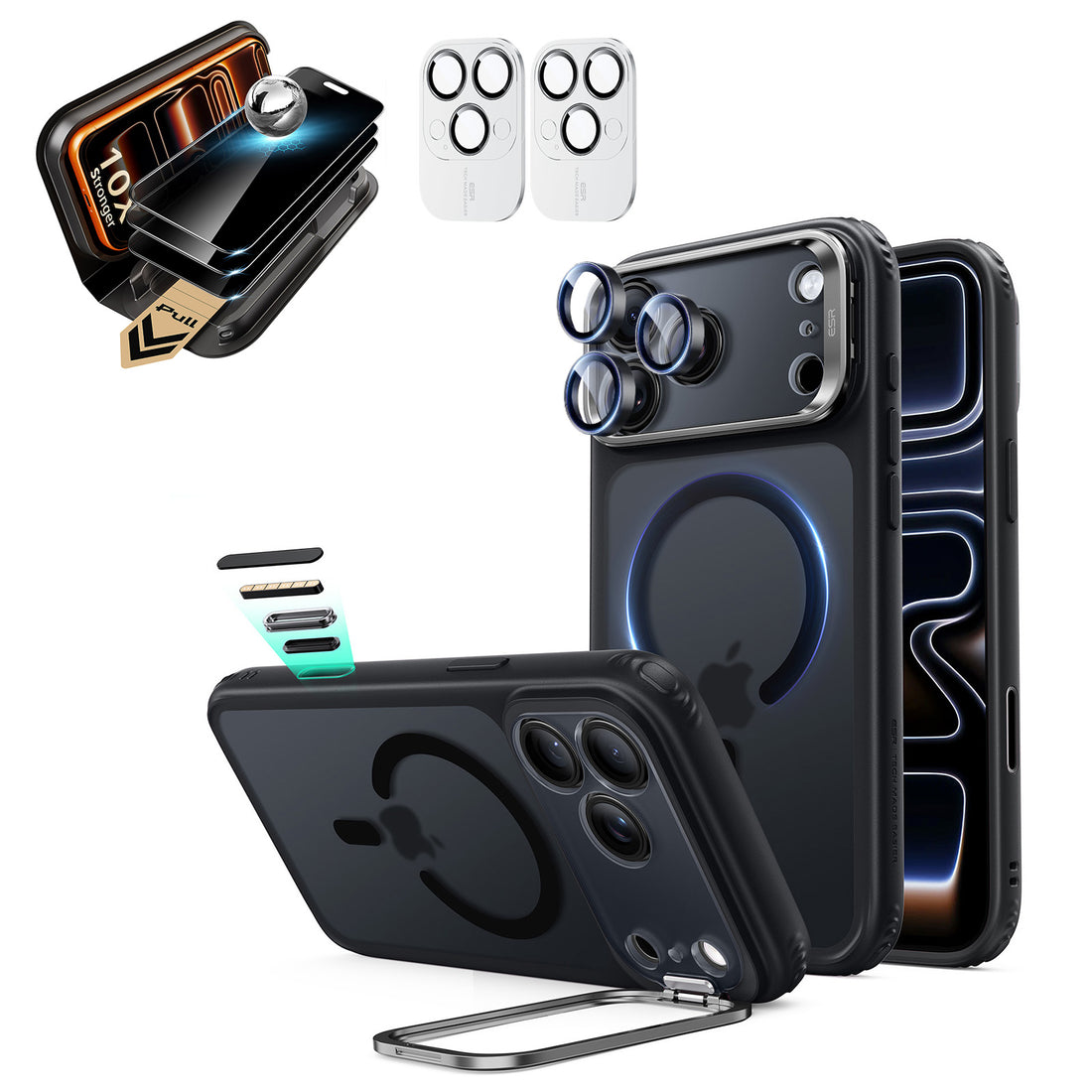 Frosted Black iPhone 18 Pro Magsafe Slim Phone Case with Stand pair corning privacy glass privacy screen protector and camera lens protector