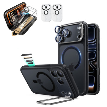Frosted Black iPhone 18 Pro Magsafe Slim Phone Case with Stand pair corning glass screen protector and camera lens protector