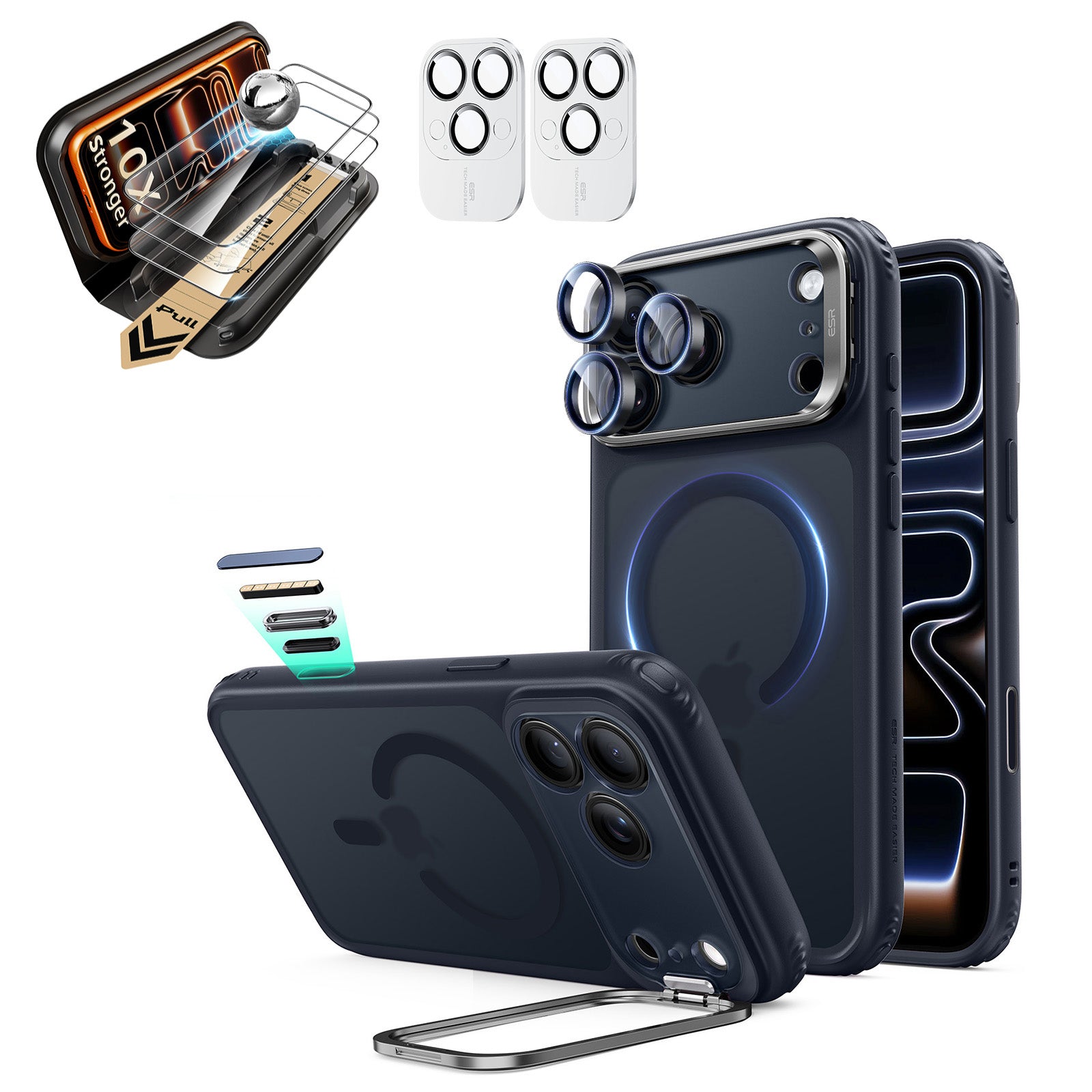 Frosted Blue iPhone 18 Pro Magsafe Slim Phone Case with Stand pair corning glass screen protector and camera lens protector