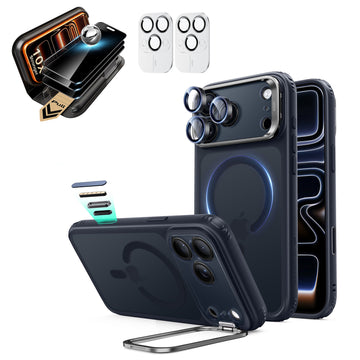 Frosted Blue iPhone 18 Pro Max Magsafe Slim Phone Case with Stand pair corning privacy glass privacy screen protector and camera lens protector
