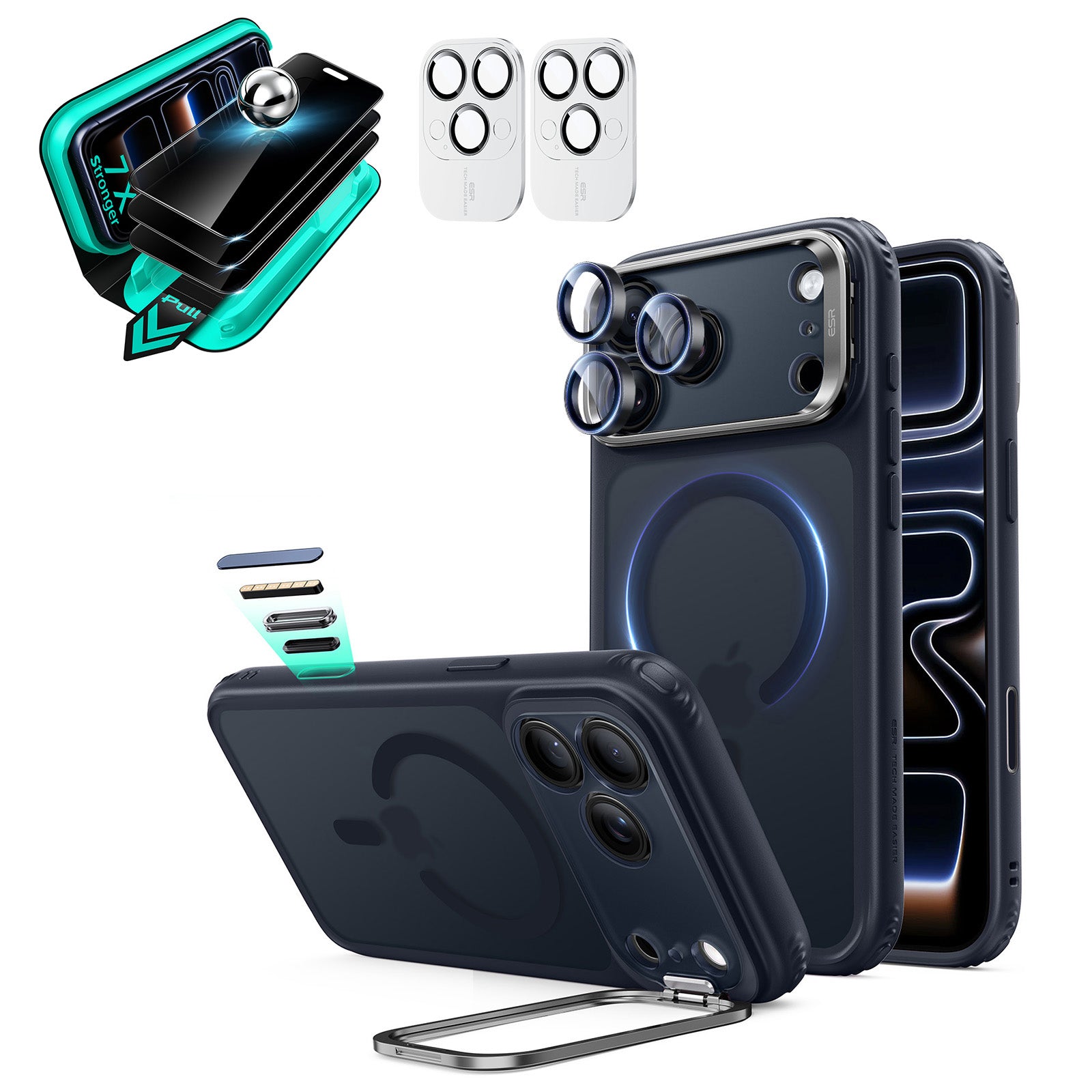 Frosted Blue iPhone 18 Pro Max Magsafe Slim Phone Case with Stand pair tempered glass privacy screen protector and camera lens protector