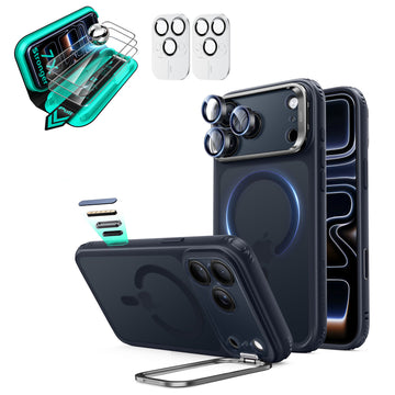 Frosted Blue iPhone 18 Pro Max Magsafe Slim Phone Case with Stand pair tempered glass screen protector and camera lens protector