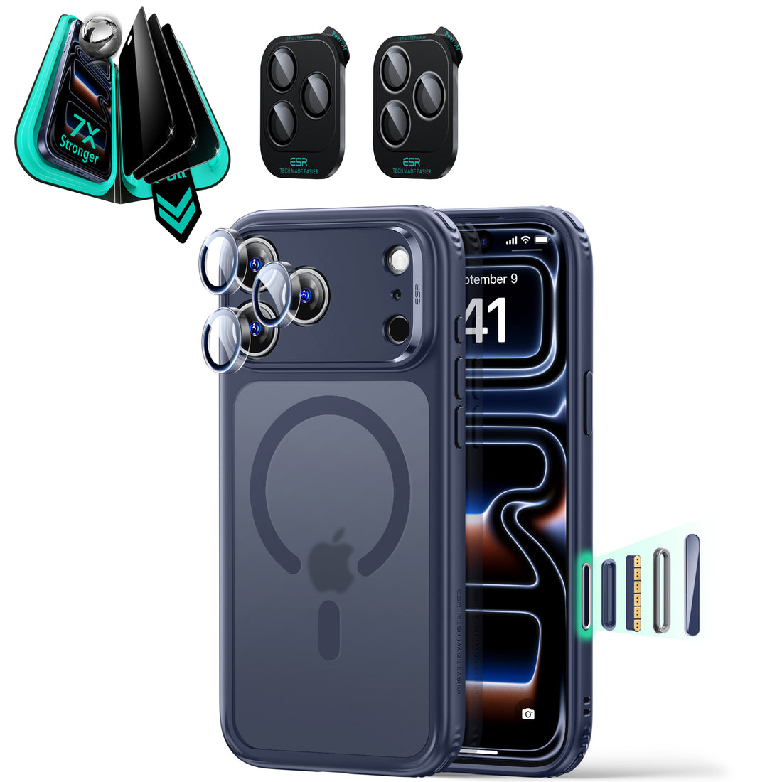 Frosted Blue iPhone 18 Pro Max Magsafe Slim Phone Case with armorite tempered glass privacy screen protector and camera lens protector
