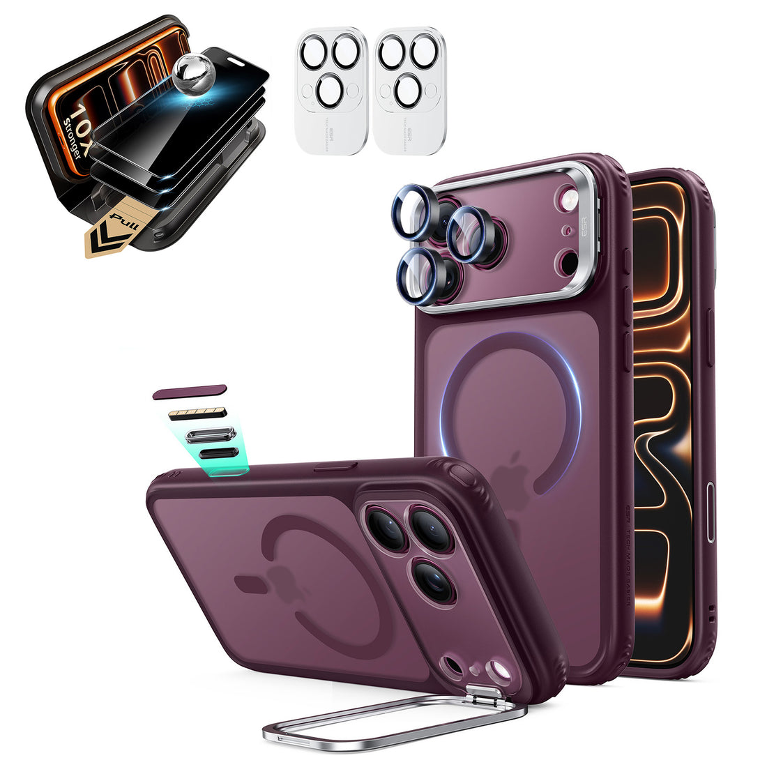 Frosted Deep Burgundy iPhone 18 Pro Magsafe Slim Phone Case with Stand pair corning privacy glass privacy screen protector and camera lens protector