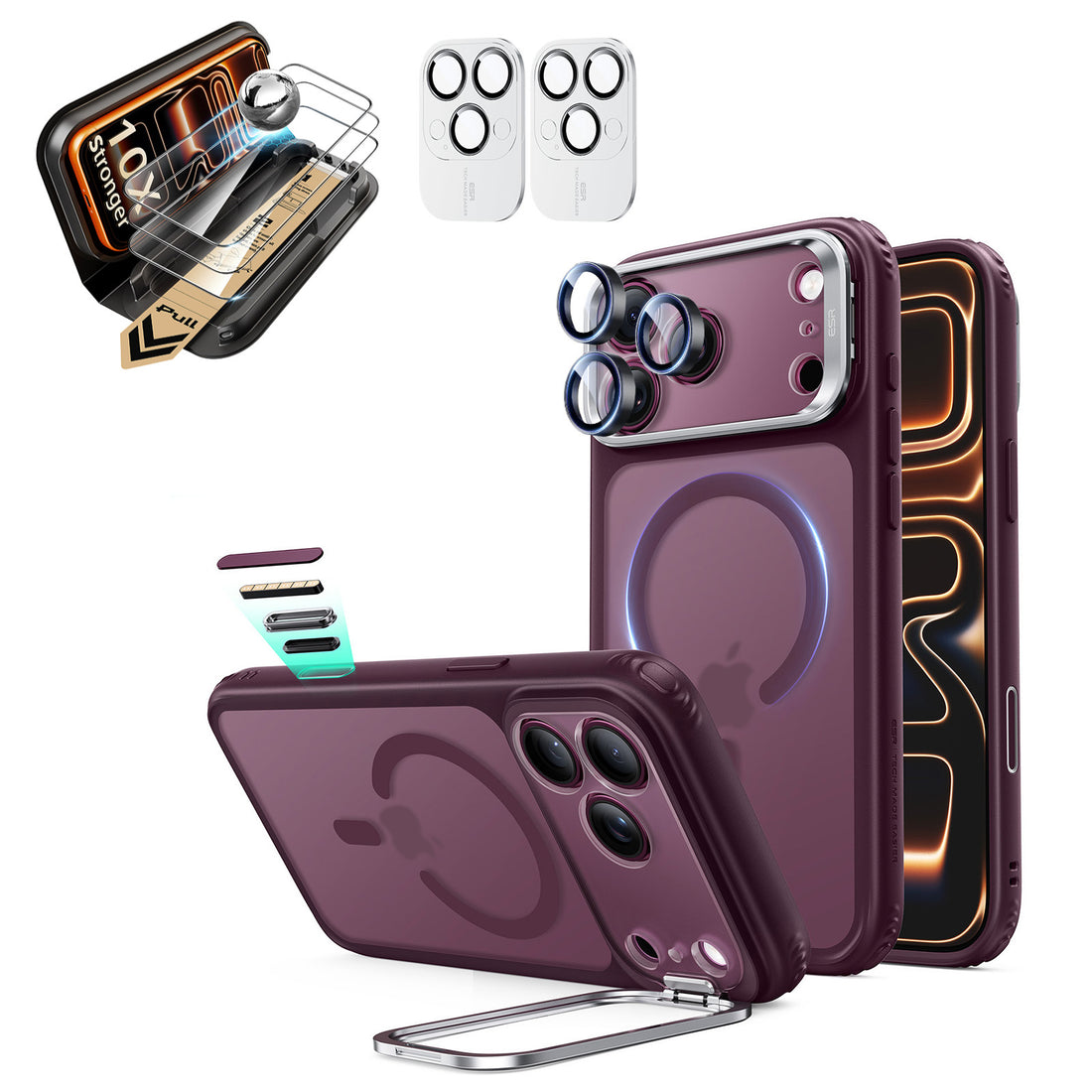 Frosted Burgundy iPhone 18 Pro Magsafe Slim Phone Case with Stand pair corning glass screen protector and camera lens protector