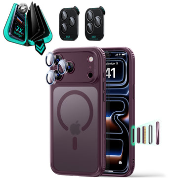Frosted Burgundy iPhone 18 Pro Max Magsafe Slim Phone Case with armorite tempered glass privacy screen protector and camera lens protector