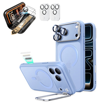 Frosted Misty Blue iPhone 18 Pro Magsafe Slim Phone Case with Stand pair corning glass screen protector and camera lens protector