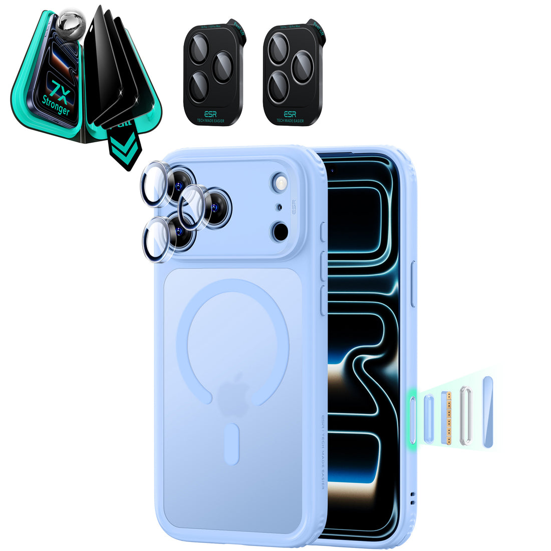 ESR Frosted MIsty blue iPhone 18 Pro Magsafe Slim Phone Case with armorite tempered glass privacy screen protector and camera lens protector