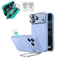 Frosted Misty Blue iPhone 18 Pro Max Magsafe Slim Phone Case with Stand pair tempered glass screen protector and camera lens protector