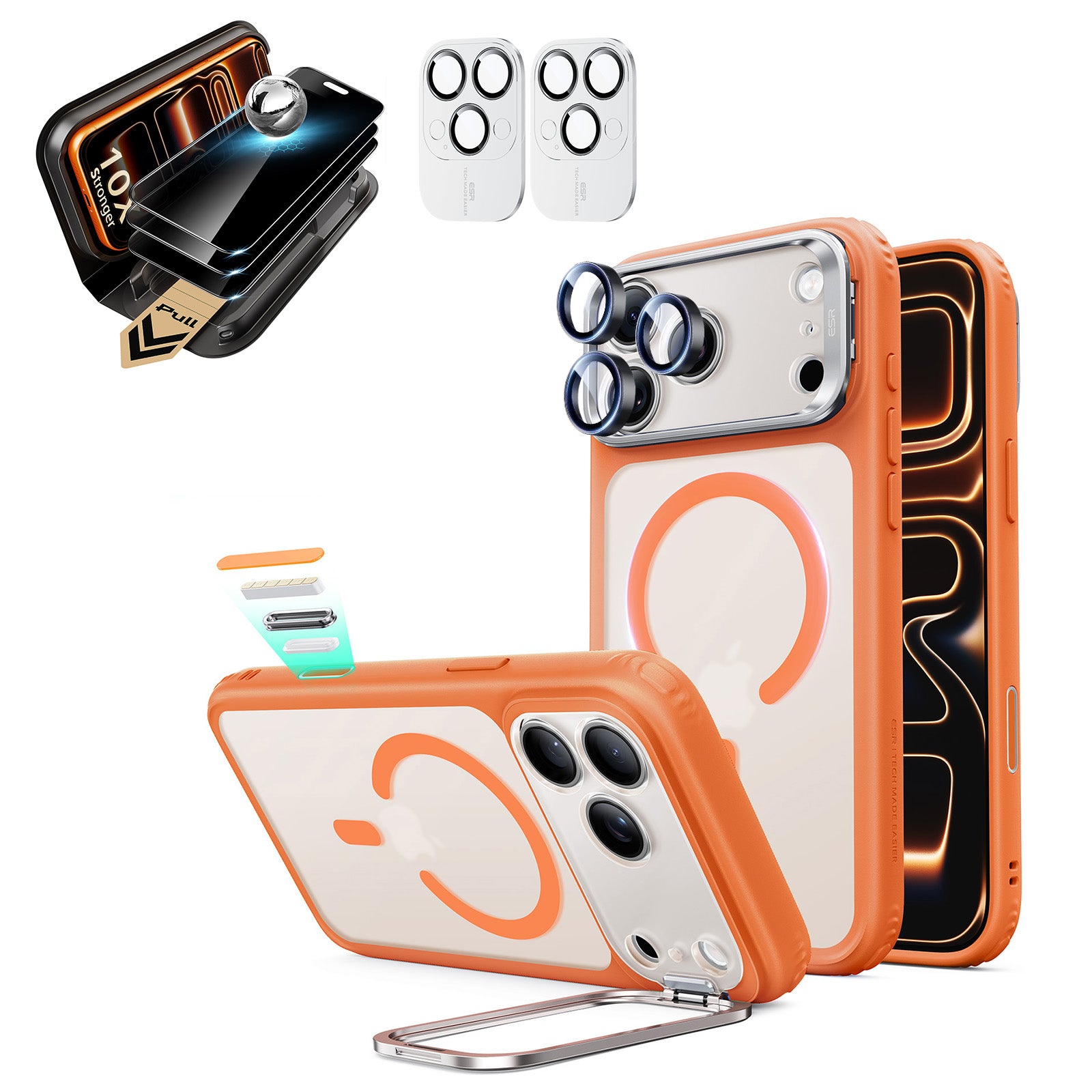 Frosted Orange iPhone 18 Pro Magsafe Slim Phone Case with Stand pair corning privacy glass privacy screen protector and camera lens protector
