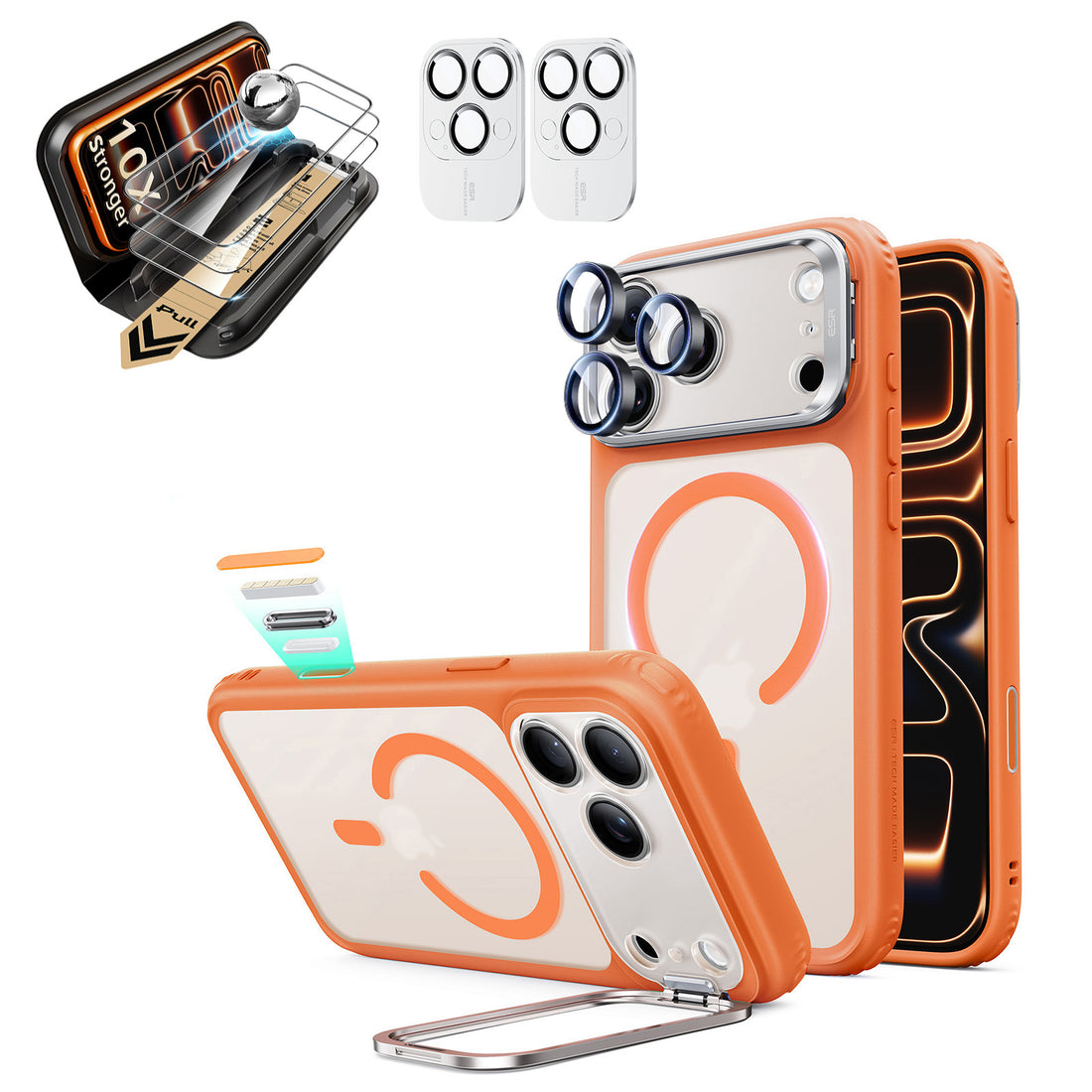 Frosted Orange iPhone 18 Pro Max Magsafe Slim Phone Case with Stand pair corning glass screen protector and camera lens protector